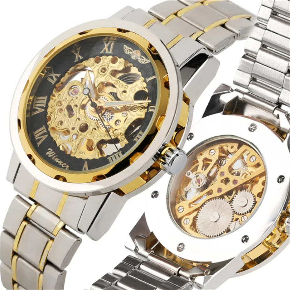 

Luxury Men's Skeleton Watch Mens Mechanical Hand-Wind Watches Silver & Gold Stainless Watch Strap Business Man Wristwatch reloj