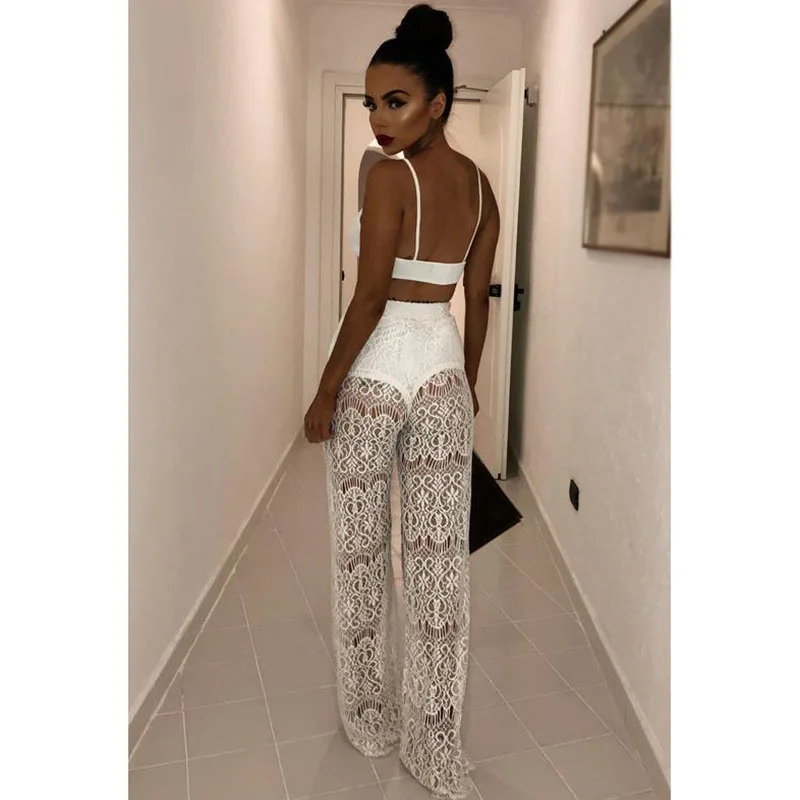 

Two Piece Set 2019 Summer Women Set 2 PC Set Transparent Tank Tops Sexy White Lace Hollow Out Pants Set