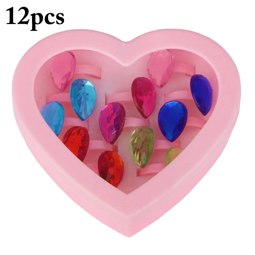 

12PCS Kid's Ring Fashion Rhinestone Jewelry Ring Plastic Ring with Storage Box