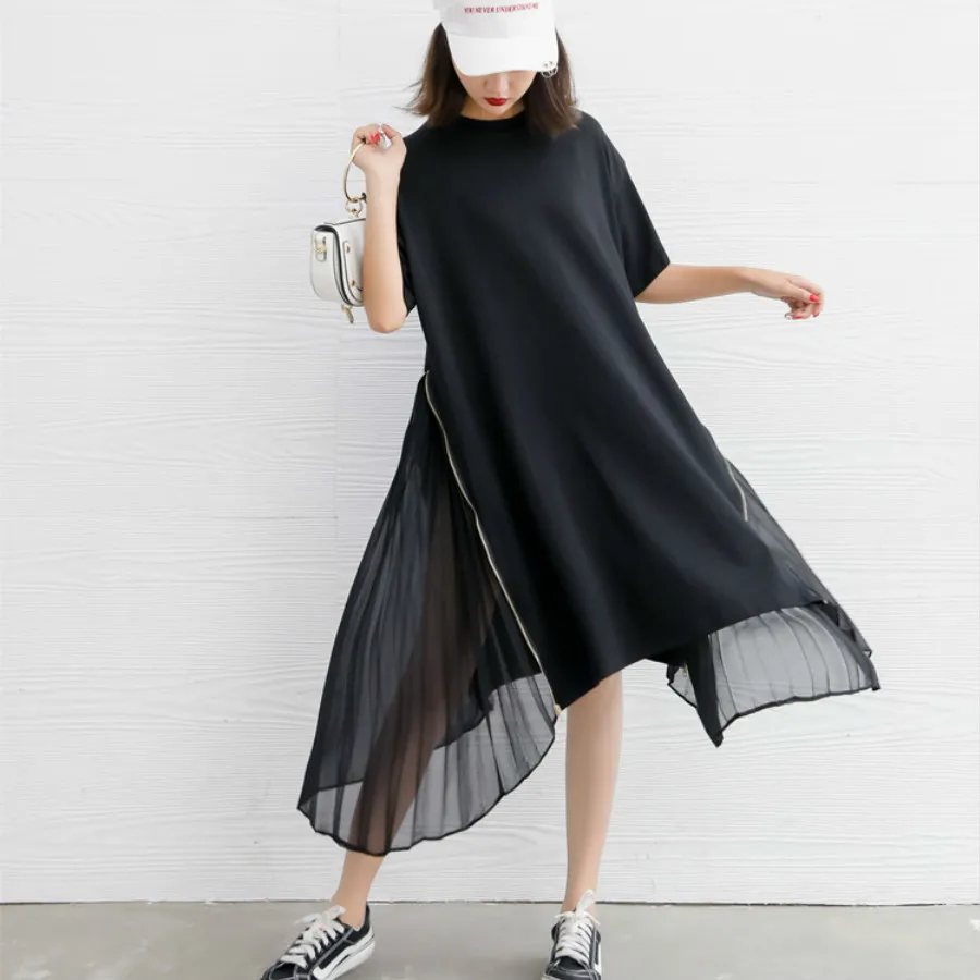 

Both sides pleated chiffon large size dress female 2019 new loose long short sleeve irregular dress women spring and summer 448