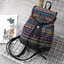 Guapabien женщины Drawstring Hasp этнический стиль холст PU Кожа Лоскутное Рюкзак