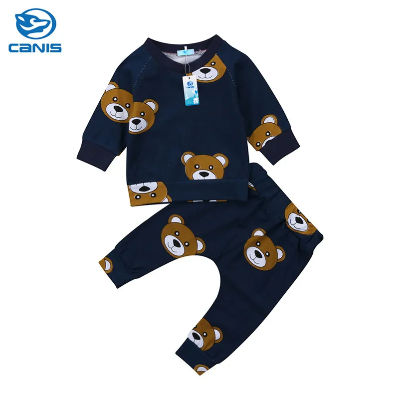 Одежда для малышей из 2 предметов футболка с длинными рукавами и рисунком медведя для новорожденных мальчиков и девочек, Толстовка Топы, штаны, леггинсы, комплект одежды, От 0 до 2 лет