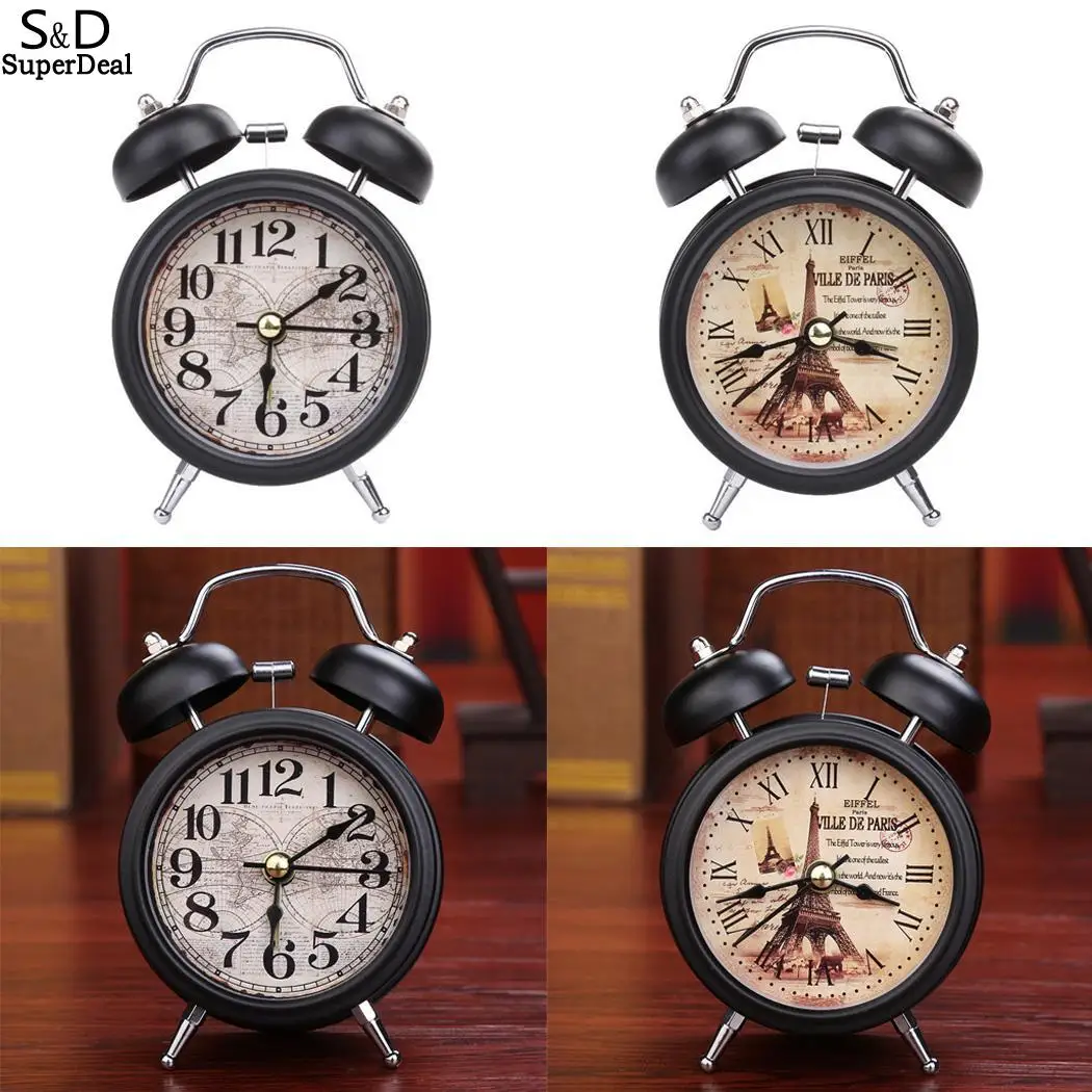 

Double Retro Style Desk Clock Bell Round Wake Table Metal Analog AA Battery Desktop Digital Alarm with LED Light