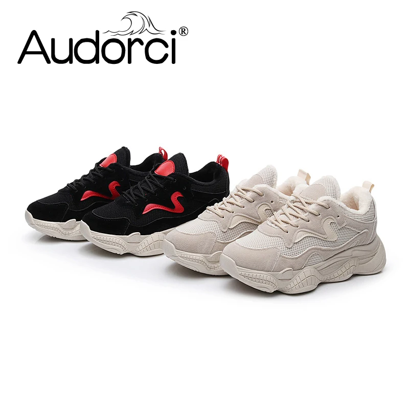 

Audorci 2018 Winter Fashion Women Casual Shoes Woman Lace-Up Sneakers Female Outdoor Keep Warm Flats Shoe Size 35-40 With Fur