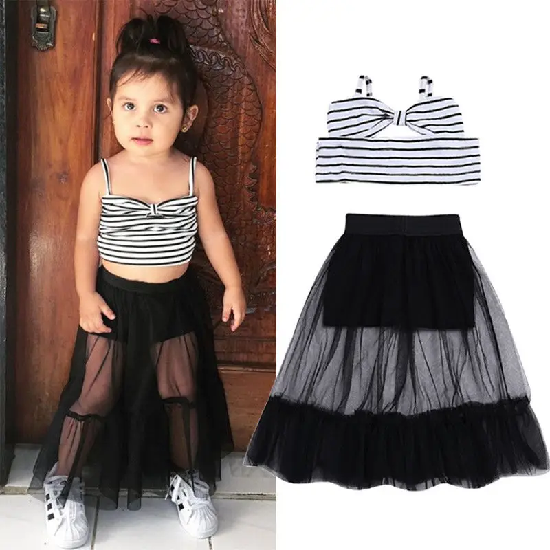 

2019 Newest Style Striped Sleeveless Bow Crop Top+Tulle Skirt Clothing Summer Girl 6M-5T 2PCs Kids Child Baby Girls Clothes Set