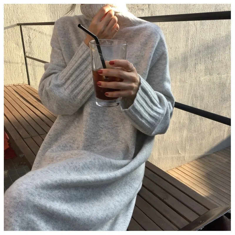 Women Winter Turtleneck Pullover Sweater Dress Casual Long Knitted Dress Female Loose Solid Pullovers Long Split Sweater Robe Women Winter Turtleneck Pullover Sweater Dress Casual Long Knitted Dress Female Loose Solid Pullovers Long Split Sweater Robe