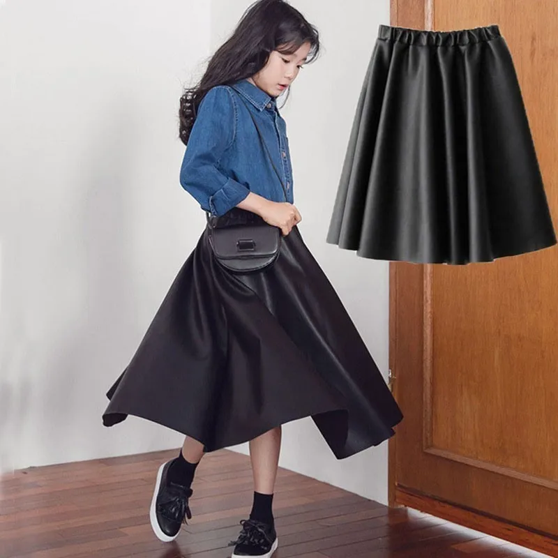 Юбки из искусственной кожи для девочек-подростков, черная школьная юбка для малышей Детская длинная трапециевидная весенне-осенняя коллекция года, одежда для мамы и дочки