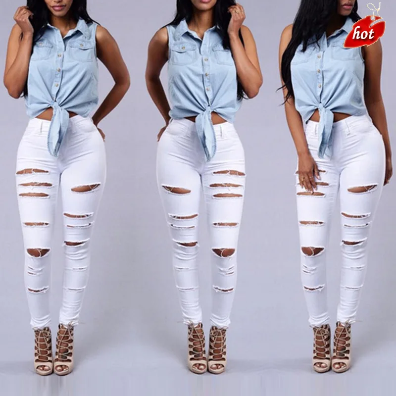 

Summer Style White Hole Cool Denim High Waist Pants Capris Female Skinny Black Casual Jeans Ripped Jeans Women O8R2