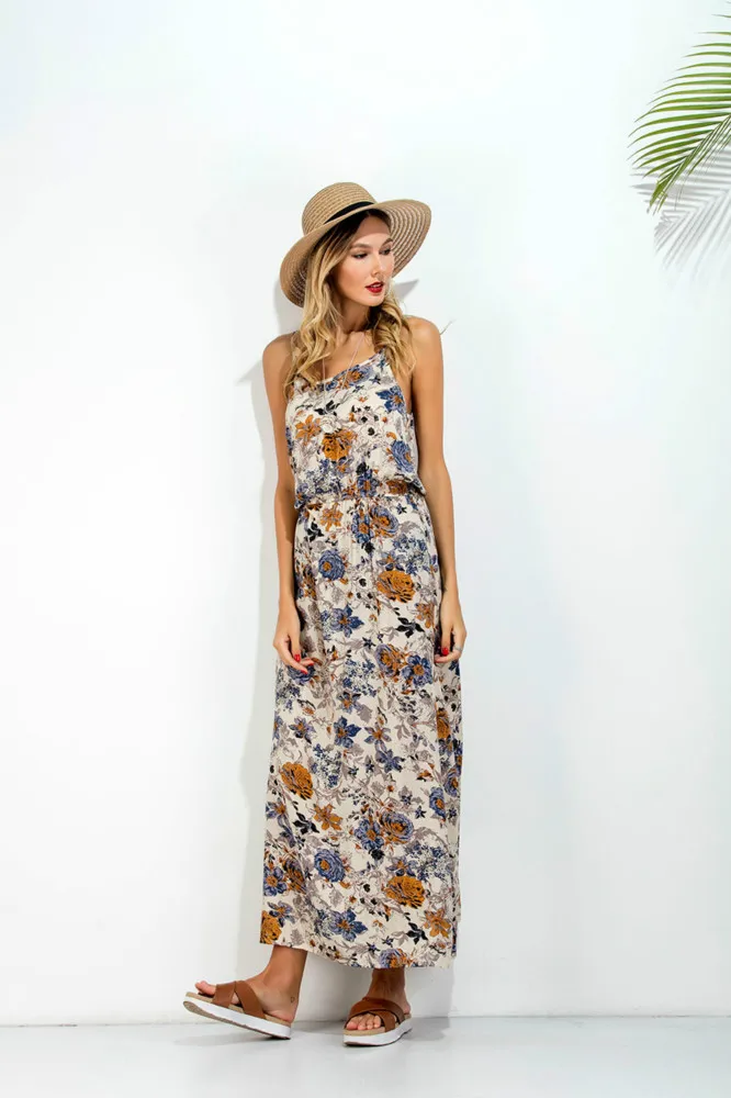 UGUEST пикантные Цветочные Летнее Длинное платье для женщин разделение Boho хлопок