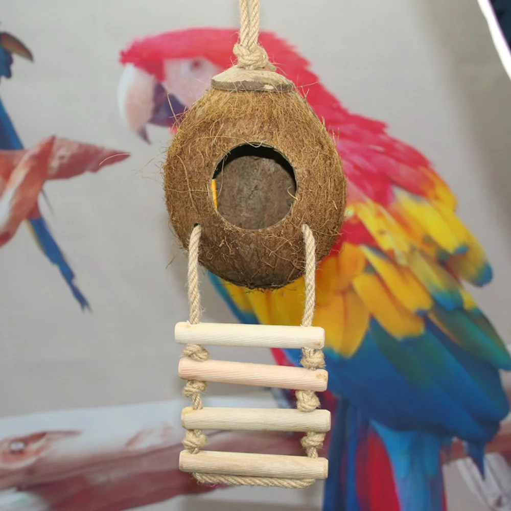 

Natural Coconut Shell Bird Nest Hanging Bird House Parrot Ladder Toy