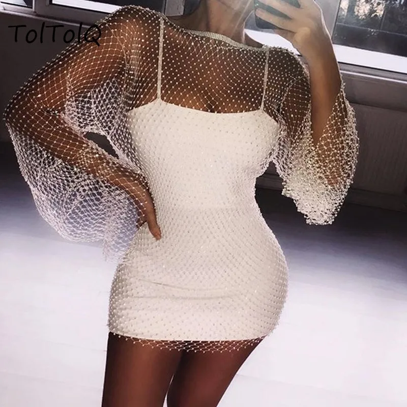 

Summer Diamond Mesh Dress Patchwork Dress Women Crochet Hollow Out Rhinestone Long Sleeve Party Transparent Wrap Mini Dress