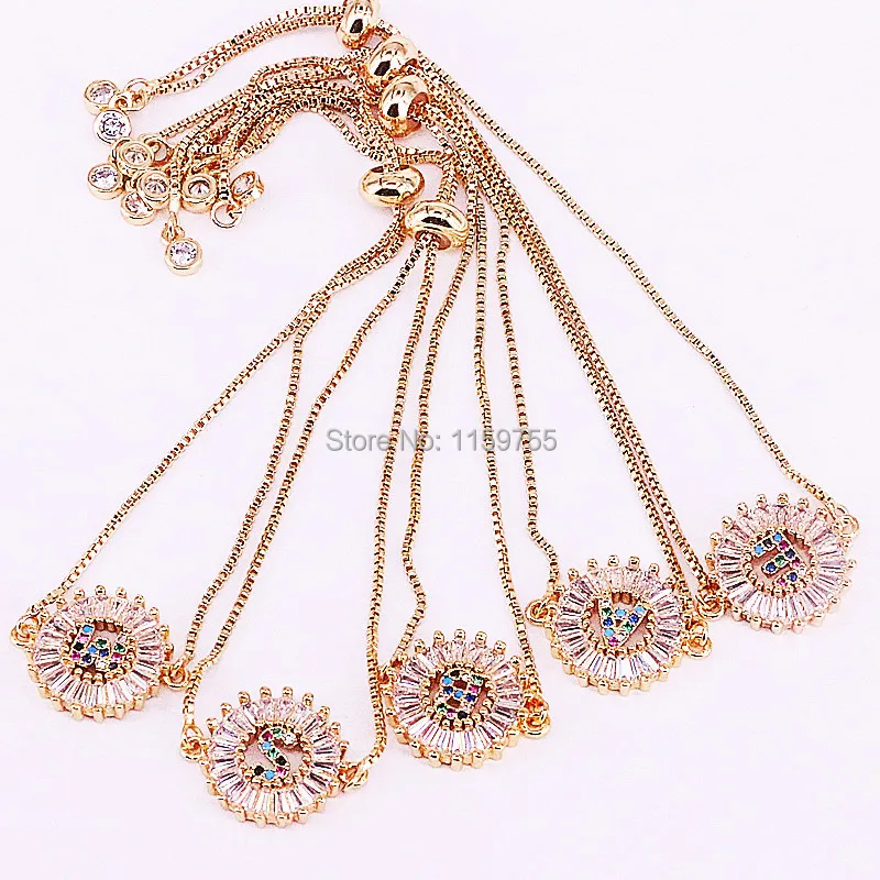 

10Pcs Gold color Initials Letter Connector, Micro Pave Rainbow CZ Crystal 26 Alphabet Letter Round Bracelets