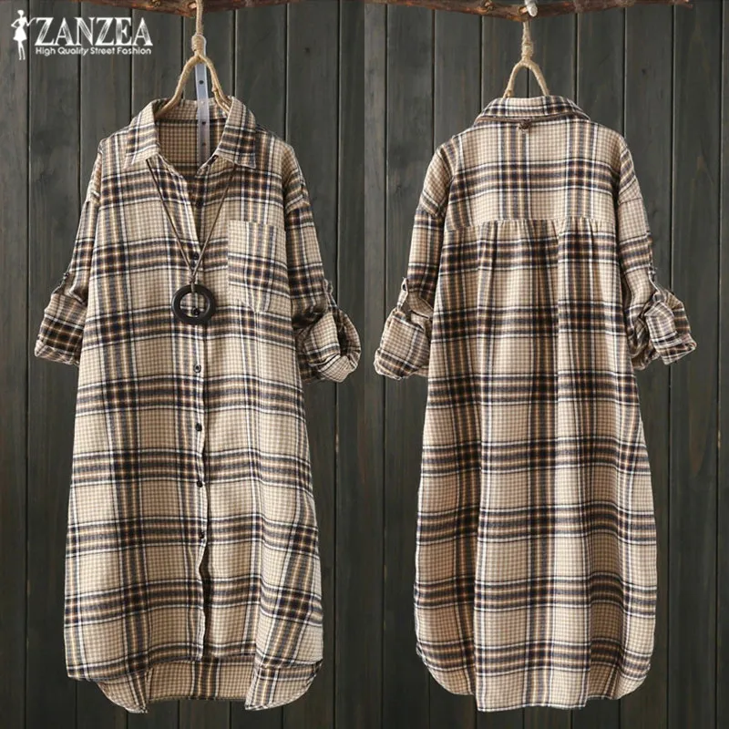 Осеннее платье с длинными рукавами в клетку Chemise для женщин сетки блузка 2021 ZANZEA