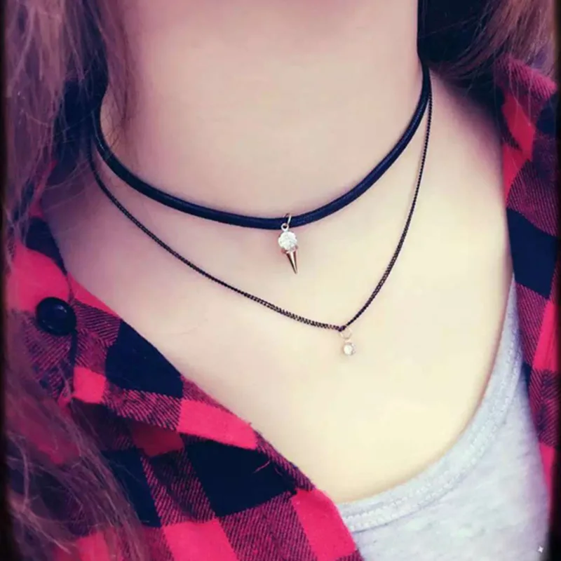 

Fashion Shiny Crystal Rhinestone Double Layer Pendant Necklace Gothic Black Leather Choker Necklace For Women High Quality JN185