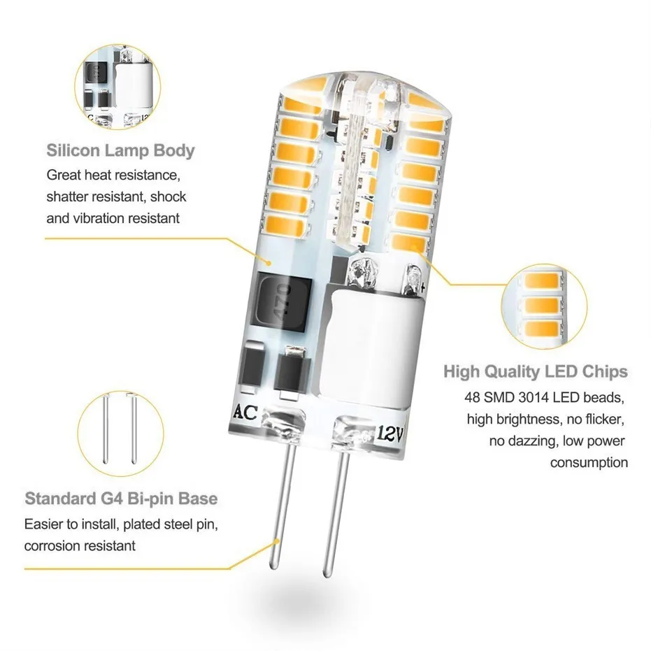 10 шт. без мерцания 12 В G4 светодиодный светильник 3 Вт силиконовый 360 Угол луча 48 Светодиодный S SMD3014 супер яркий светильник для люстры 30 Вт