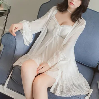 

Retro Fashion 2 Pcs Women Robe Set Lace Spaghetti Strap With Chest Pad Nightdress Cardigan Twinset Sleepwear