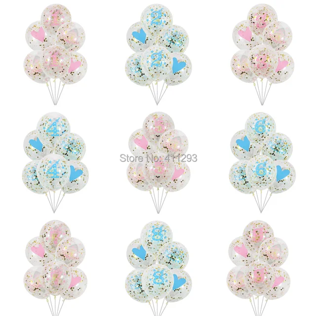 6 pcs/lot girl boy kids birthday ballons 1 2 3 4 5 6 7 8 9 years old birthday party decoration clear confetti birthday balloons