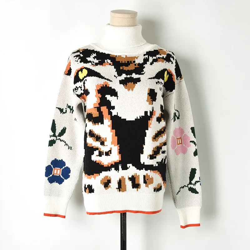 

2018 Winter Harajuku Women Tiger Print White Sweater Pullover Runway Desinger Long Sleeve Female Knitted Sweater Jumper Clothing