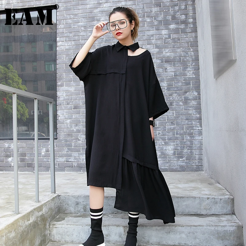 

[EAM] 2019 New Autumn Winter Lapel Long Sleeve Hollow Out Loose Irregular Hem Big Size Shirt Dress Women Fashion Tide JO480