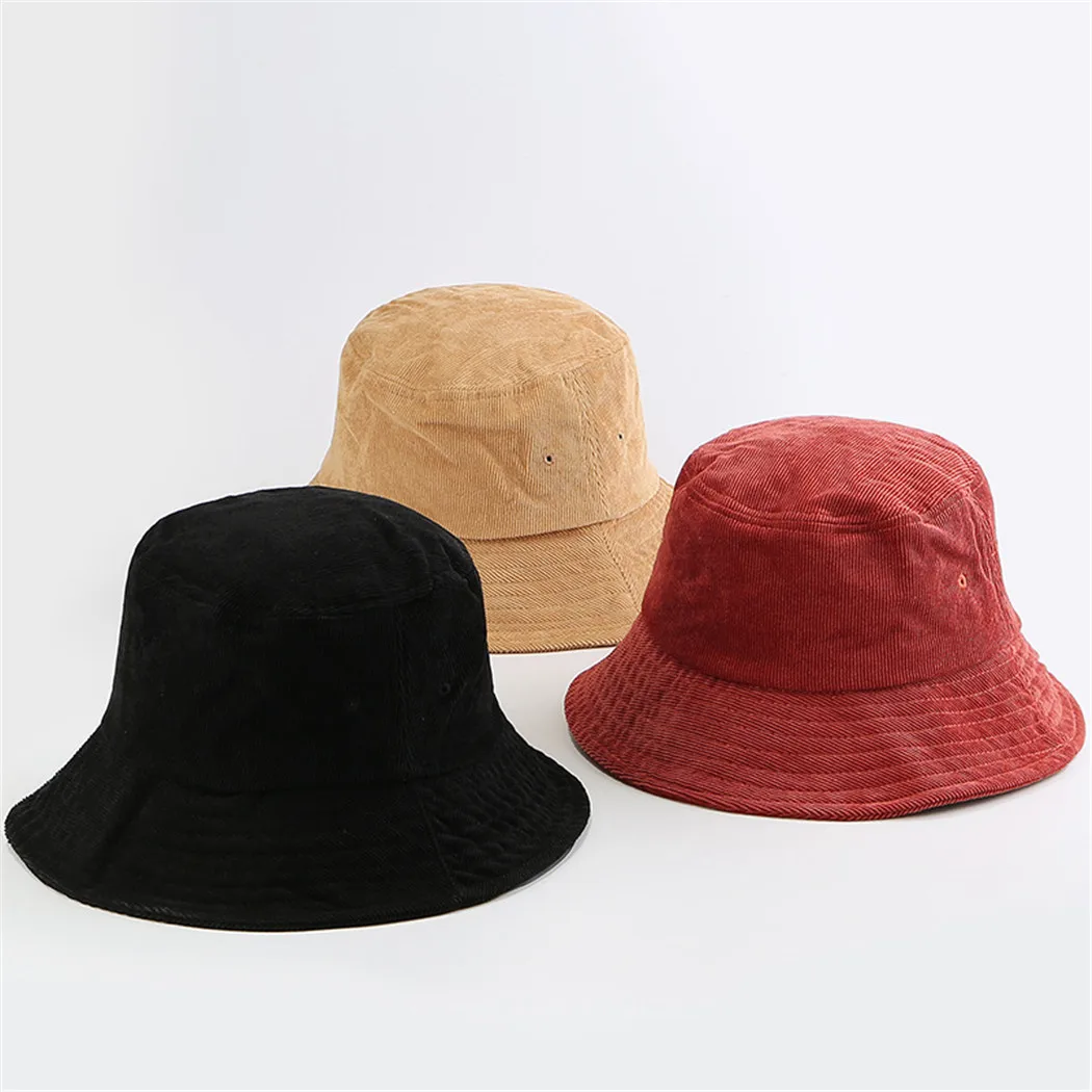Women Bucket Hat Hip Hop Wide Brim Corduroy Fishing Caps Fashion