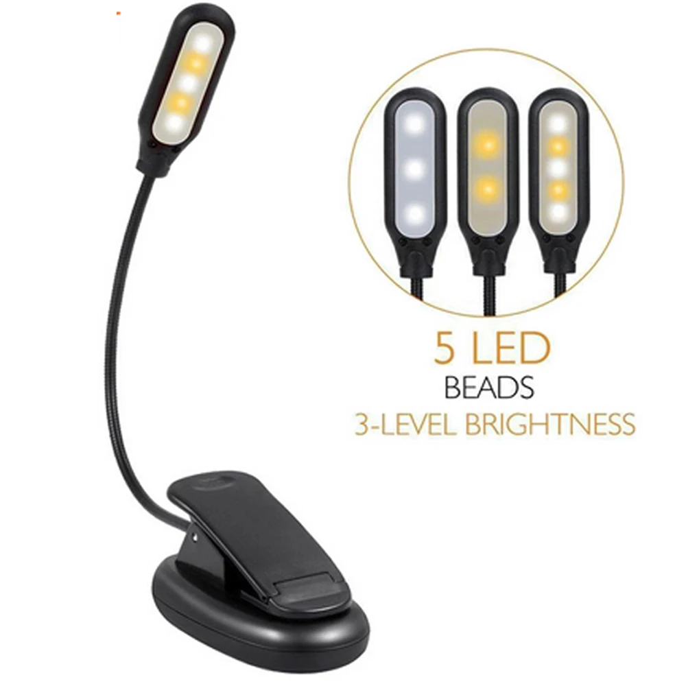 

CLAITE Battery Powered Flexible 1W 5 LED Clip Night Light 3 Brightness Modes Table Lamp for Reading Book