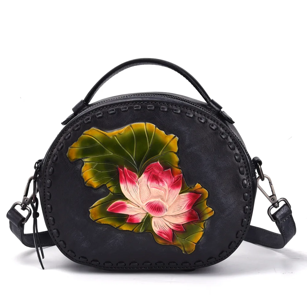 Высокое качество натуральной кожи женские сумки через плечо с тиснением лотоса Китайский стиль ретро сумка из натуральной кожи с ручкой сверху