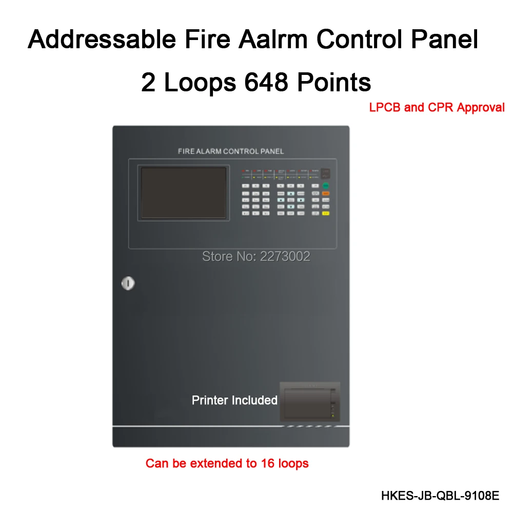 

2 Loops Addressable Fire Alarm Control Panel with Printer, support 648 points and addressable smoke detector
