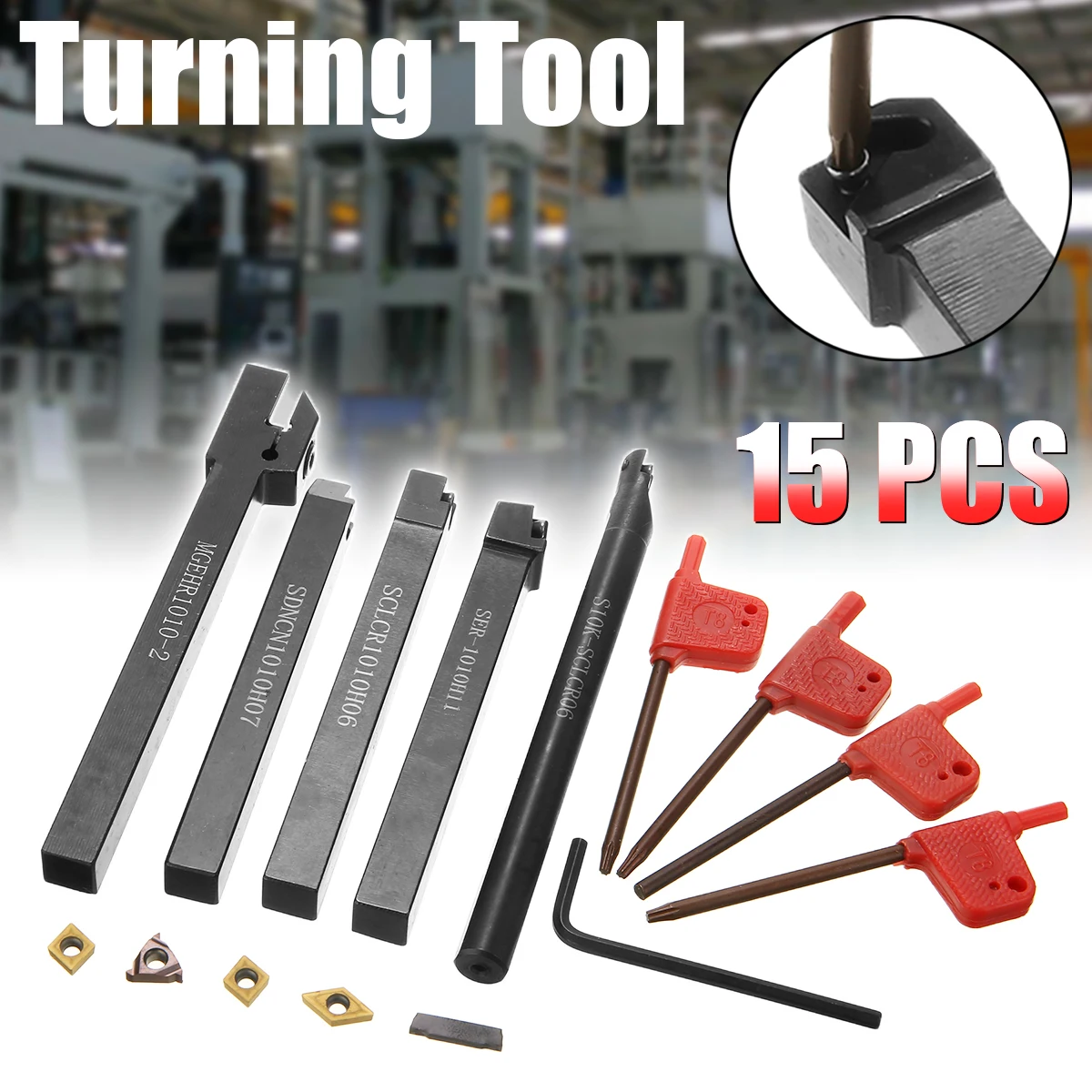 

5pcs 10mm Shank CNC Lathe Turning Tool Holder 42~46 HRC Boring Bar Parting Set + 5pcs Inserts Carbide Alloy Blades with Wrench