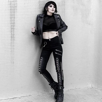 

Sexy Women Tide Pants Lace Up Bandage Zipper Trendy Trousers Female Streetwear Stylish Punk Side Split Fashionable Pantacourt