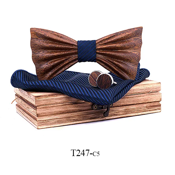 Classic Wooden Bow Tie Suit Square Cufflinks Brooch Set Clothing Accessories to Marry Stripe Wooden Bow Tie