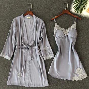 

2 Pcs Ice Silk Women Robe Set With Chest Pad Spaghetti Strap+Robe Set Pijama For Women
