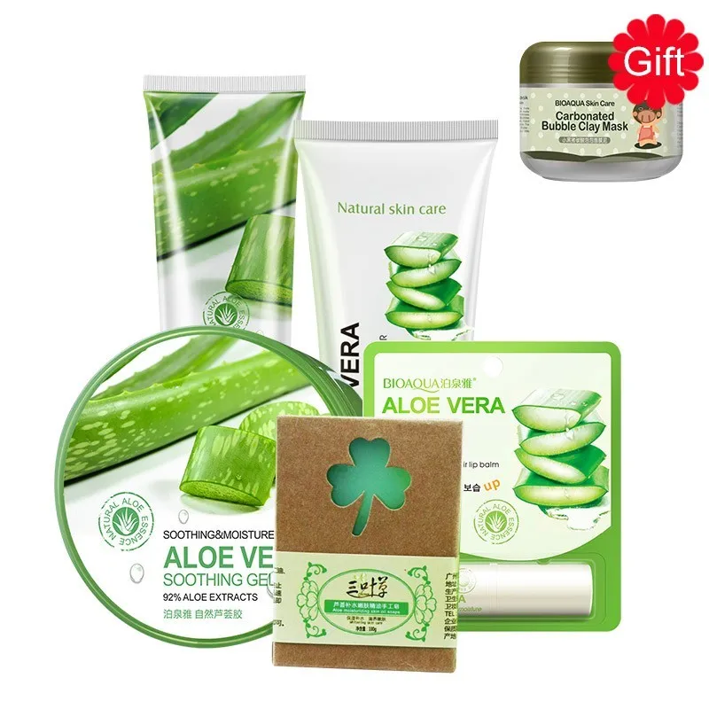 

BIOAQUA Aloe Vera Extract Face Care Set Moisturizing Anti Aging Cream Gel Soap Lip Balm + Gift Bubble Clay Mask Face Skin Care