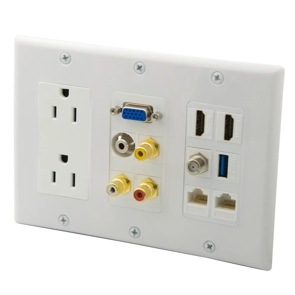 

3 Gang 2 Ports HDMI 3 RCA 2 Ports CAT6 RJ45 F RG6 TV VGA USB3.0 3.5mm Audio Two Ports US Style Electrical Power Wall Plate