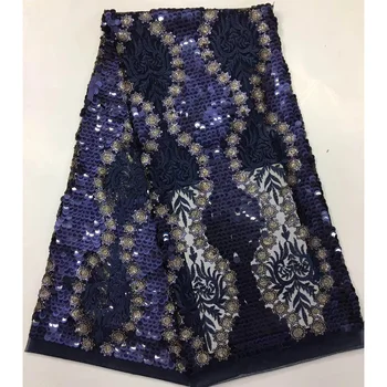 

Dark Blue African lace Sequin Fabric High Quality Polyester Mesh Fabric With Sequin Nigerian Wedding lace Dress Fabric