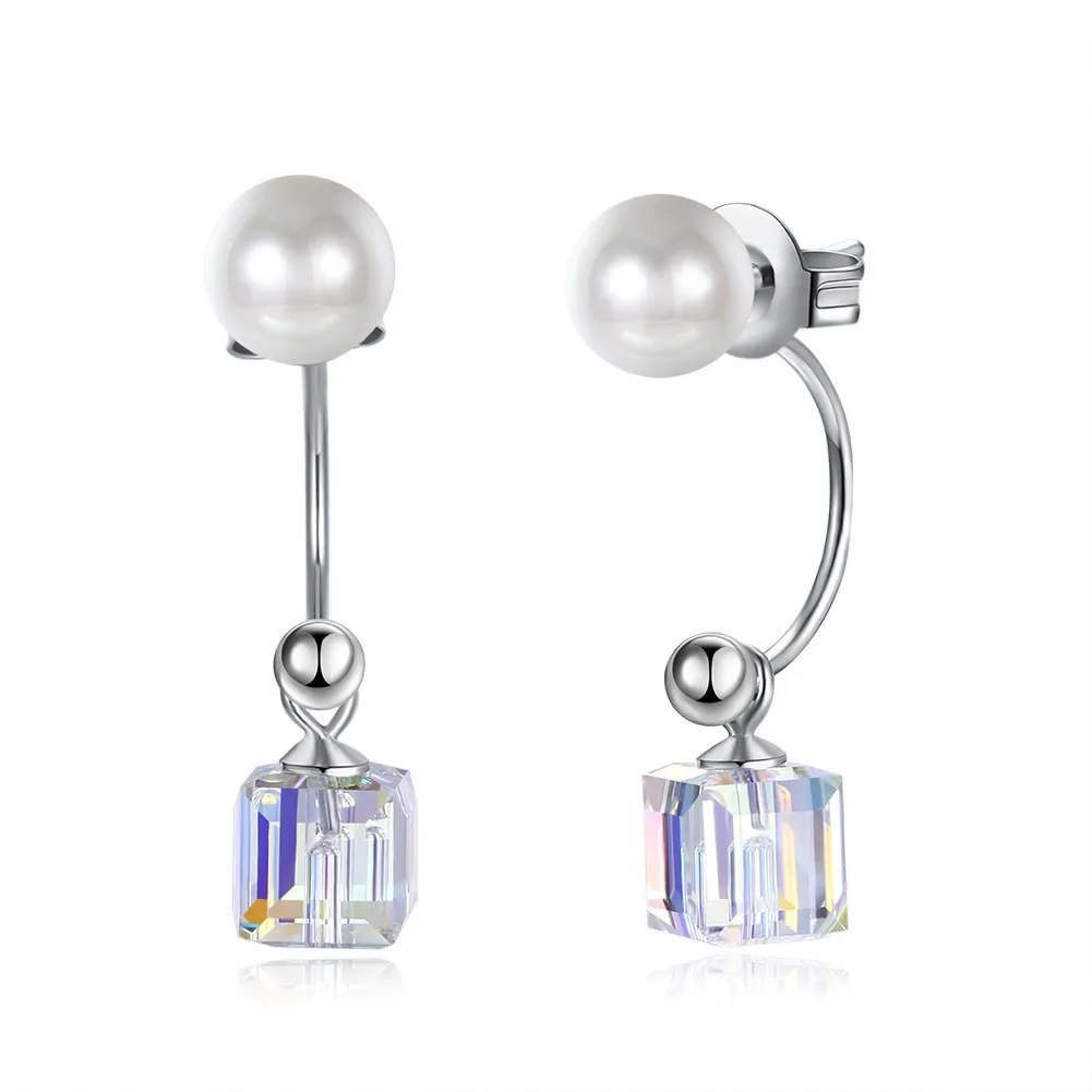 

2018 New Earrings For Women Crystals From Swarovski 925 Sterling Silver Sugar Cube Pearl Hook Earrings Fashion Jewelry Bamoer
