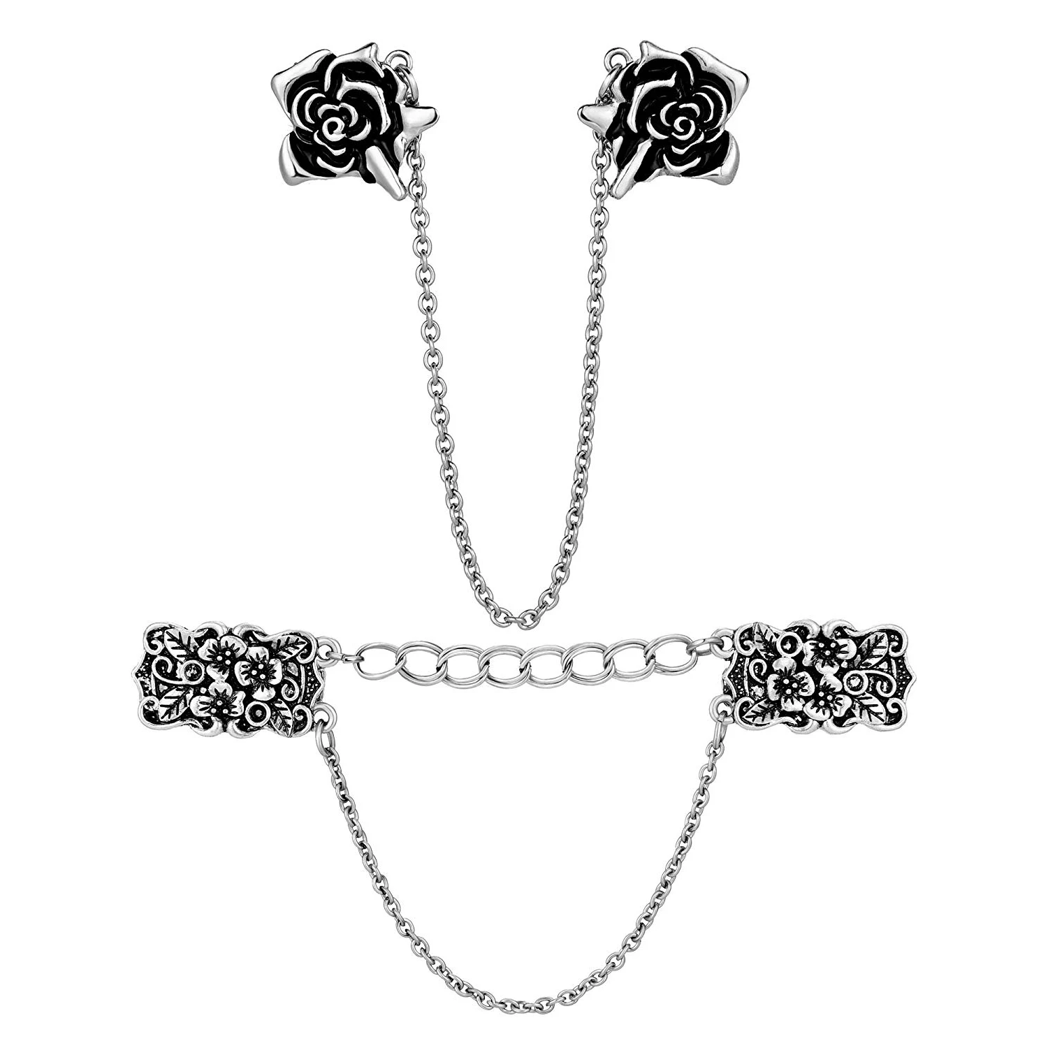

2 Pieces Sweater Shawl Clips Cardigan Dresses Clip Flowers Collar Clip With Chain For Women Girls,Style Set 1