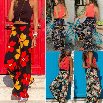

HIRIGIN Women Wide Leg Floral Long Pants Lady High Waist Casual Loose Trousers Plus Size Capris
