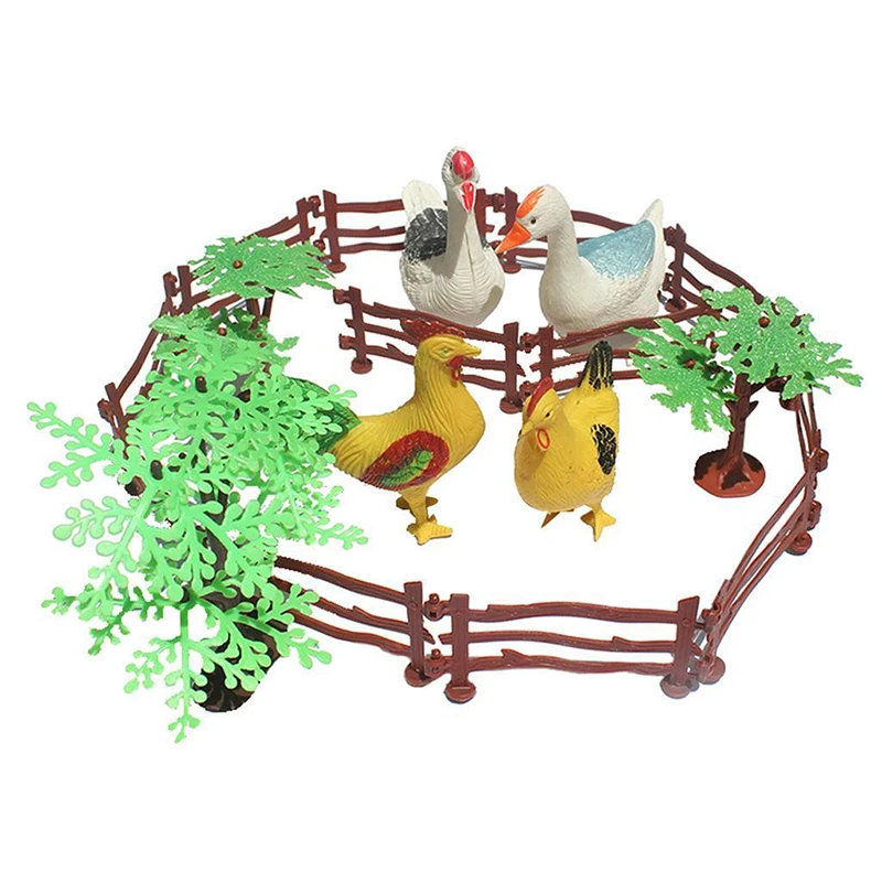 

19pcs Kids Farm Animal Toys Set Hen Cock Duck Goose Trees Fence Pretend Play Toy