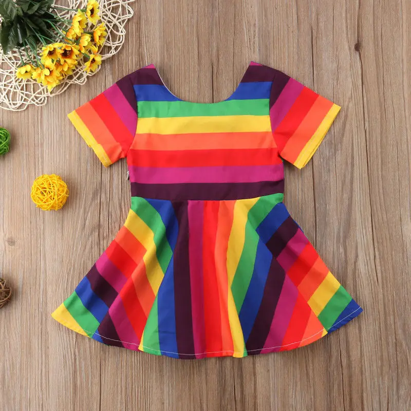 Toddler Kids Baby Girl Rainbow Short Sleeve Princess Party Dress Sundress 1-6Yrs