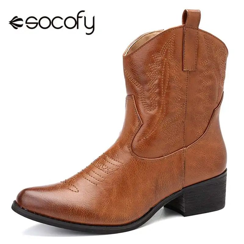 Online Socofy PU cuero Cowgirl mujeres botas Otoño Invierno Botines Mujer Zapatos Mujer cremallera punta puntiaguda zapatos casuales señoras botines