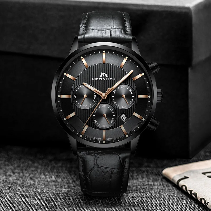 

Genuine Leather Watch Men Waterproof Chronograph MEGALITH Wrist Watch Male Luxury Business Quartz Men'S Watch Clock Montre Homme