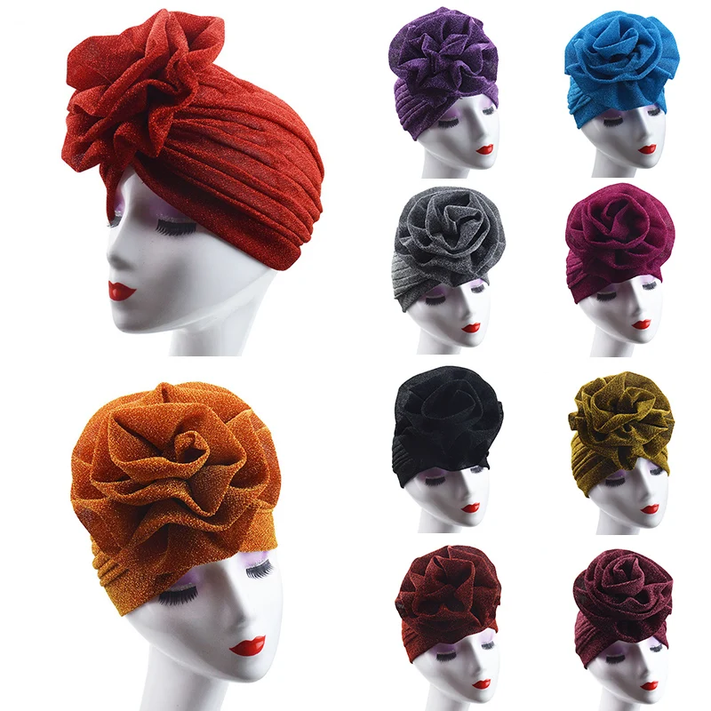 

1PC New Hot 16Colors Elastic India Bright Color Soft Comfortable Wedding Party Adjustable Big Flower Muslim Turban
