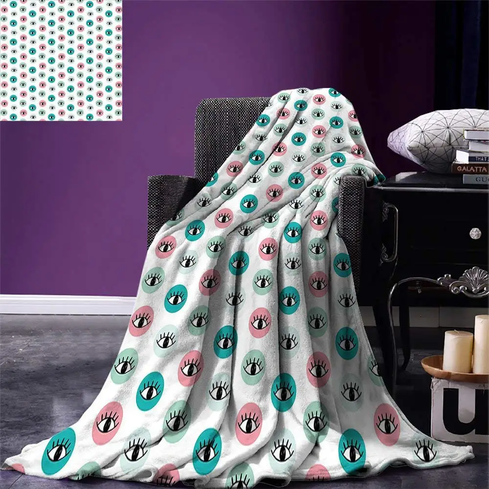 

Eyelash Throw Blanket Childish Doodle Style Eyes in Pastel Colored Circles Curious Looks Modern Warm Microfiber Blanket