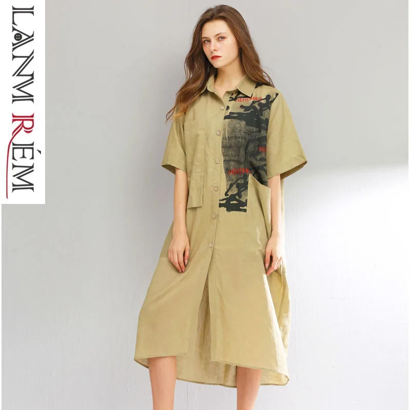 

LANMREM 2019 Summer Clothes For Women Personal Print Shirt Dress Loose Casual Large Siez Short Sleeve Dresses With Pockets YH262