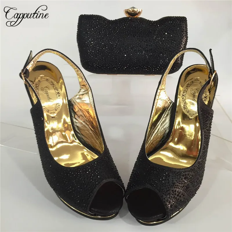 

Capputine African Summer Shoes And Bag Set Italy Rhinestone Women Pumps Black Color Shoes And Bag For Parties Size 37-42 BL665C