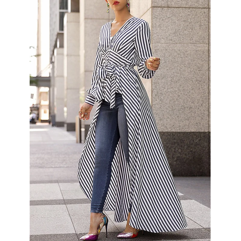 

Fashion Streetwear Shirt Dress Women Long Sleeve V-neck Tunic Striped Tuxedo Shirt Slim Front Short Back Long Tops Shirts