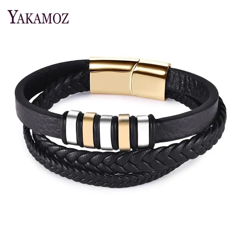 

YAKAMOZ Punk Multilayer Genuine Leather Bracelet for Men Stainless Steel Magnetic Clasp Braided Bangles Male Punk Jewelry Gifts