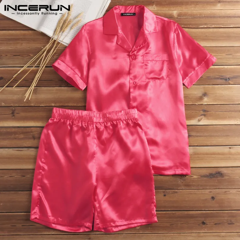 

S-5XL Fashion Silk Satin Men Pajamas Sets Short Sleeve Soft Homewear T Shirt Shorts Two Piece Suits Men Sleepwear Summer INCERUN
