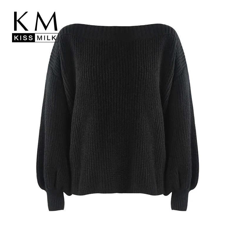 

Kissmilk Plus Size Simple wild lantern sleeves boat collar long sleeves pure black pullover retro sweater