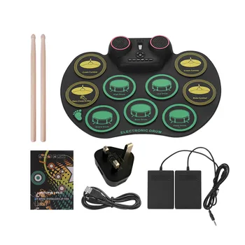 

Roll Up Silicone Drum Kit Electronic Drum Set Practice 10 Drumpads Built- in Speaker Mic Battery with Drumsticks and Foot Pedals